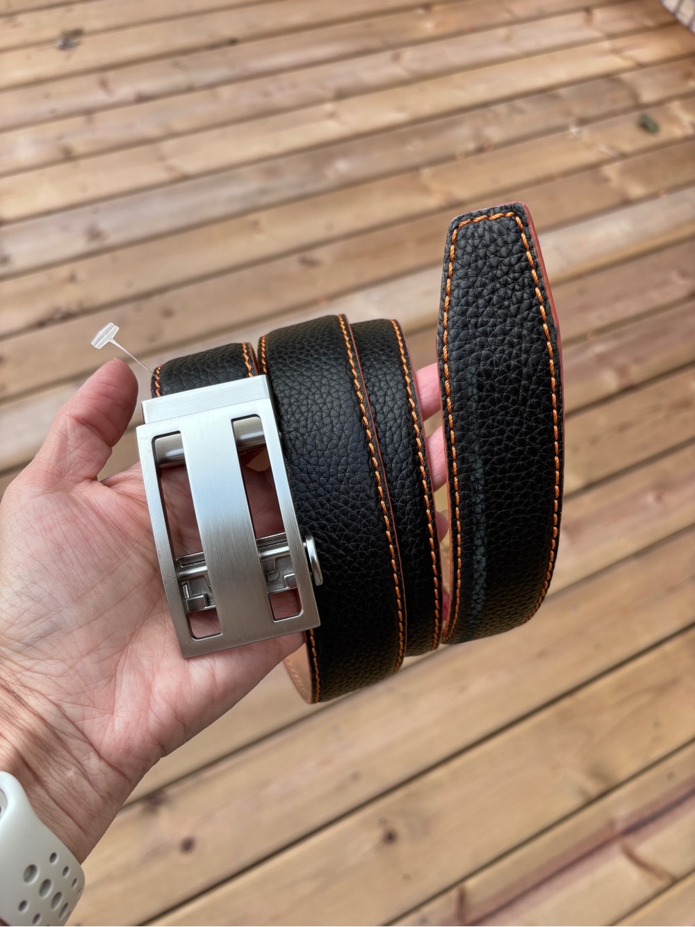 Nexbelt Mens Black Pebbled Leather Adjustable Orange Stitching Metal Buckle Belt